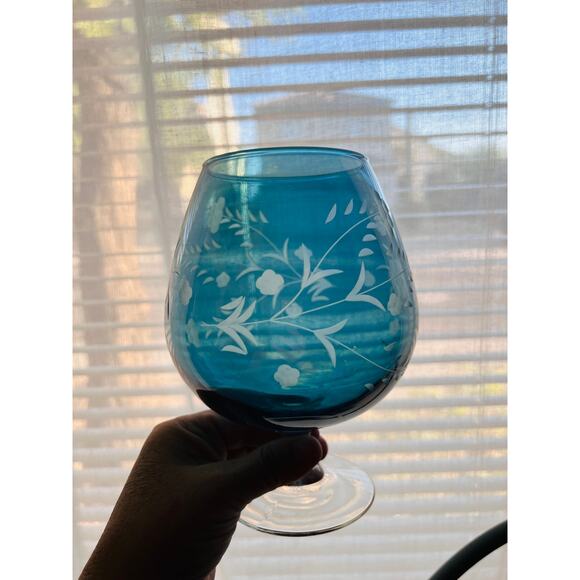 Vintage Czech Blue Iridescent Brandy Snifter Vase Wheel Cut Floral 6.25” - Picture 1 of 8